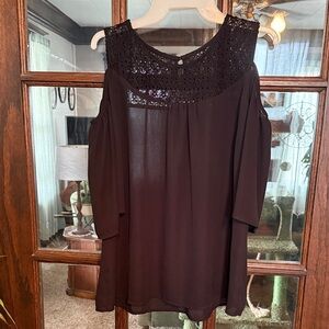 Signature Collection Womens Black Cold Shoulder Crochet Lace Yoke Blouse Large